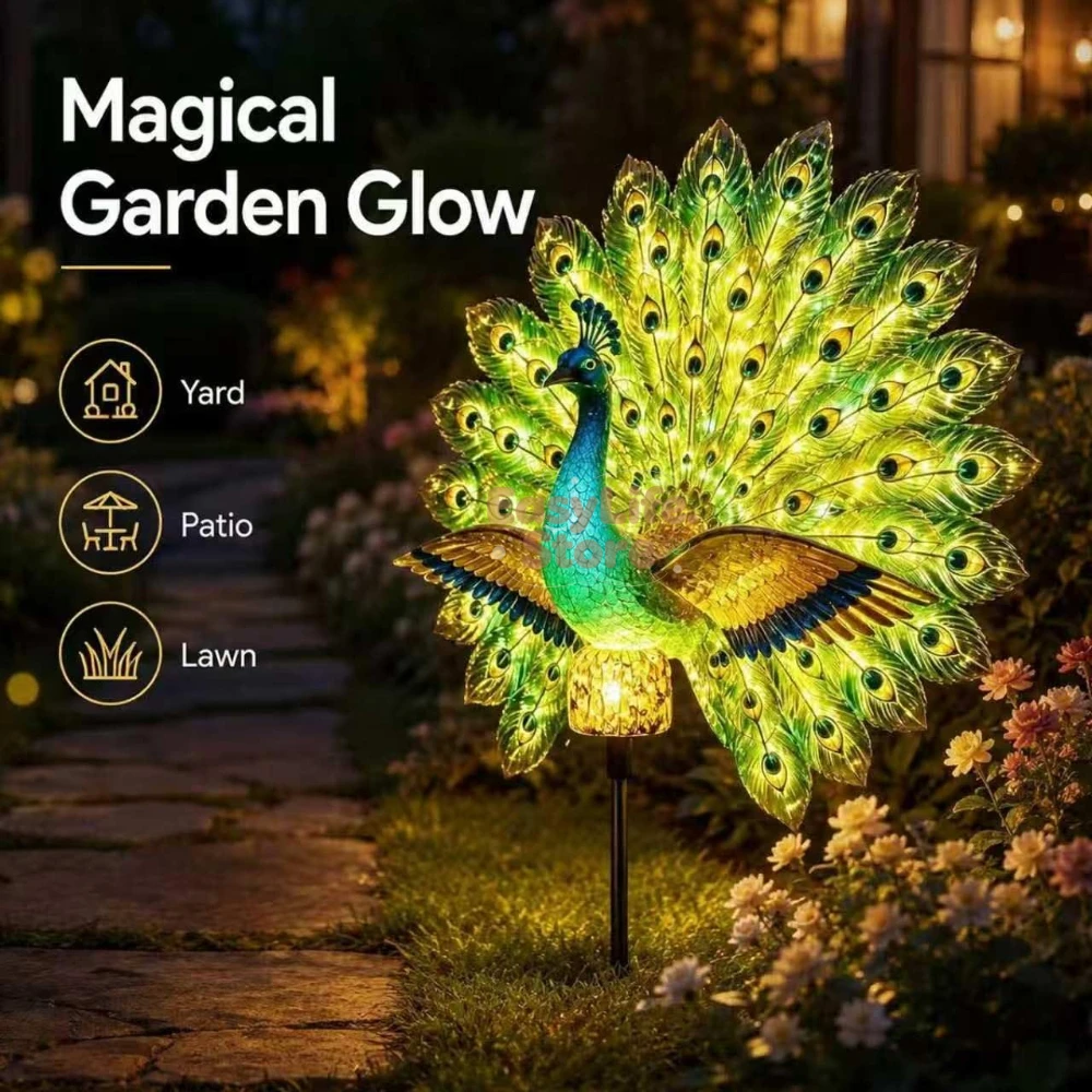 Smart Zen Garden - Solar-Pfauengartenskulptur, Außendekorationsleuchte mit automatischer LED-Aktivierung, bewegliche