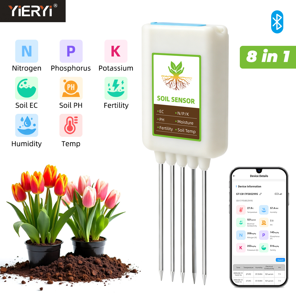 Smart Garden Moisture Sensor - Yieryi Bluetooth 8-in-1 Bodentester NPK-Sensor APP-Datenlogger